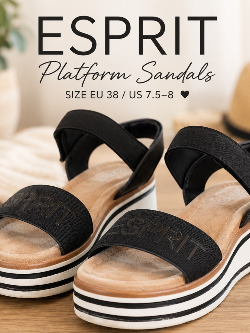 Esprit Women’s Black Platform Sandals – Sporty Wedge Slingback Size 7.5